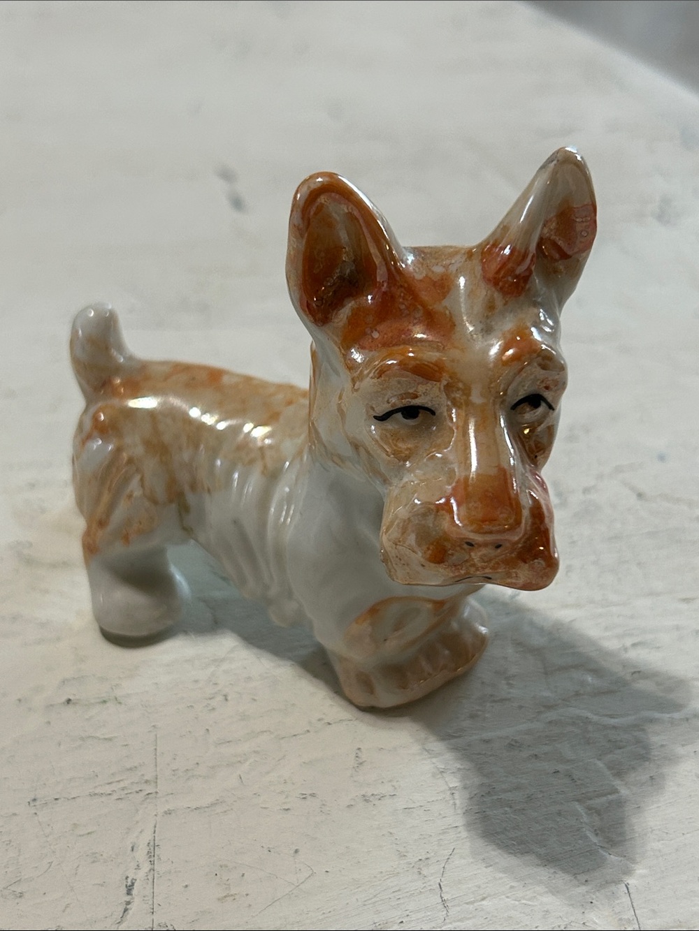 Vintage Glazed Ceramic Dog Figurine in White and Rust